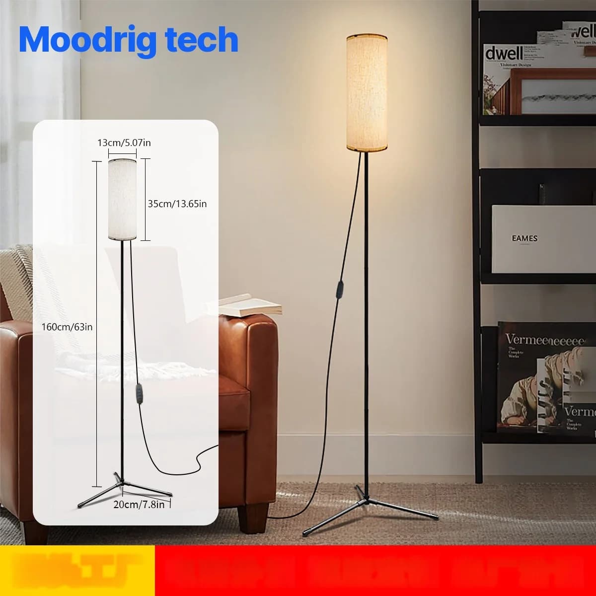 LED podna svjetiljka s platnenim sjenilom, prigušivo trobojno svjetlo
